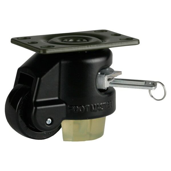 Leveling Caster, Ratchet, 50 mm Nylon Wheel, 2-1/2 x 3-1/4 Plate, Swivel, 250 kg Cap, PU Pad, Black